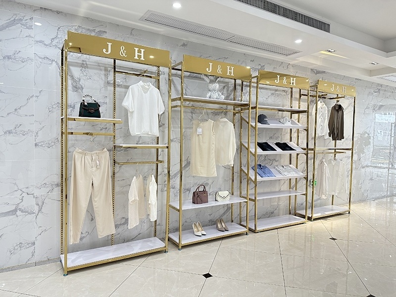 Clothes Shop Customized LOGO Garment Rack Stand Shelf Golden Clothing Rack Display Racks For Clothing Store