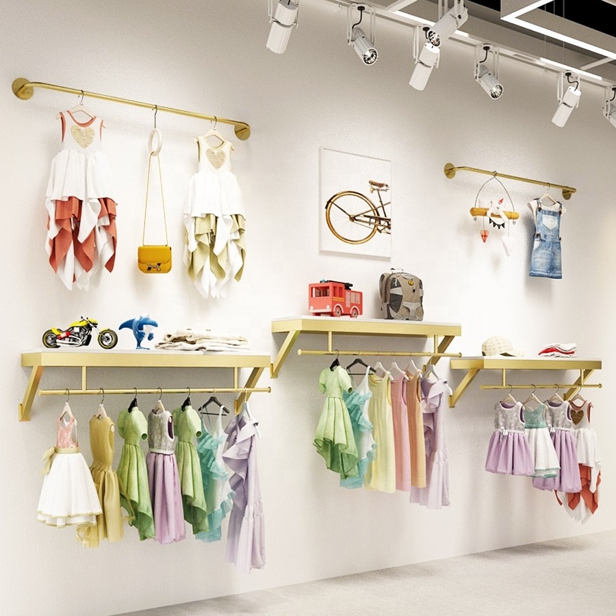 Baby Clothing Shop Furniture Wall Mounted Gold Clothing Racks Metal Clothes Hanging Rack For Garment Store Display