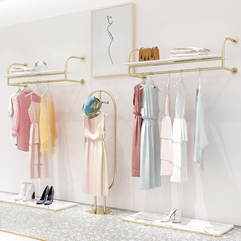 Boutique Clothes Shop Wall Mounted Garment Rack Display Clothes Gold Metal Clothing Rack With Shelves