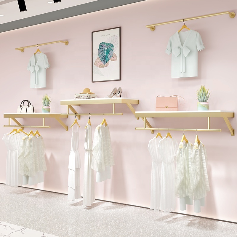 Baby Clothing Shop Furniture Wall Mounted Gold Clothing Racks Metal Clothes Hanging Rack For Garment Store Display