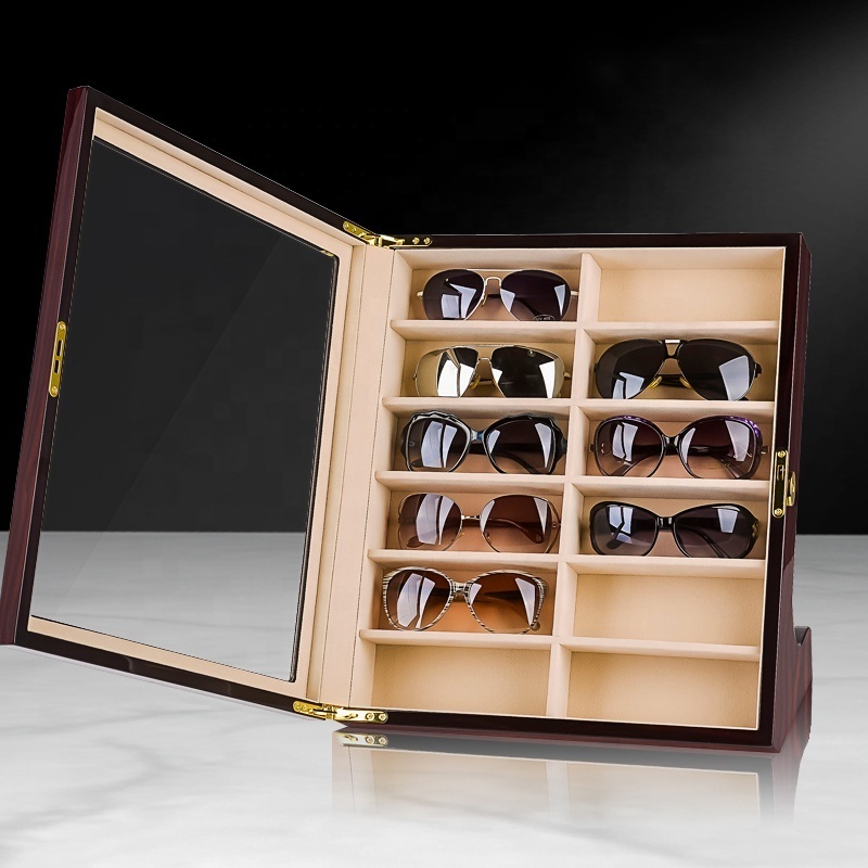 12 Grid Sunglasses Storage Wood Box Vertical Glasses Display Luxury Sunglasses Display Box With Lock