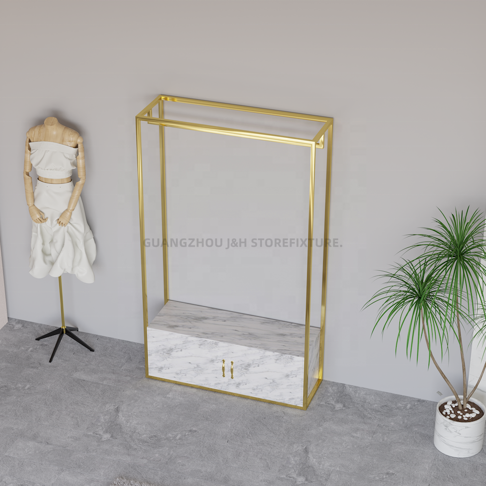 Women Shop Metal Clothes Stand Long Dress Hanging Display Rack Boutique Gold Free Standing Clothing Display Racks With Cabinet