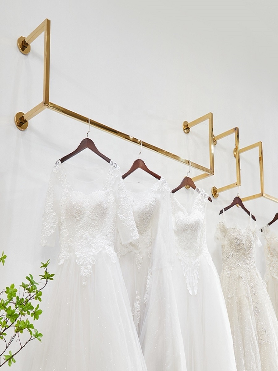 Bridal Store Rack Wall Mounted Clothing Display Wedding Dress Rack Shiny Gold Stainless Steel Long Dress Display Garment Rack