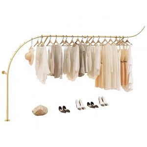 Fashion Boutique Furniture Gold Wall Mounted Clothes Hanger Rack Metal Wall Mount Hanging Garment Rack For Lady Clothing Shop