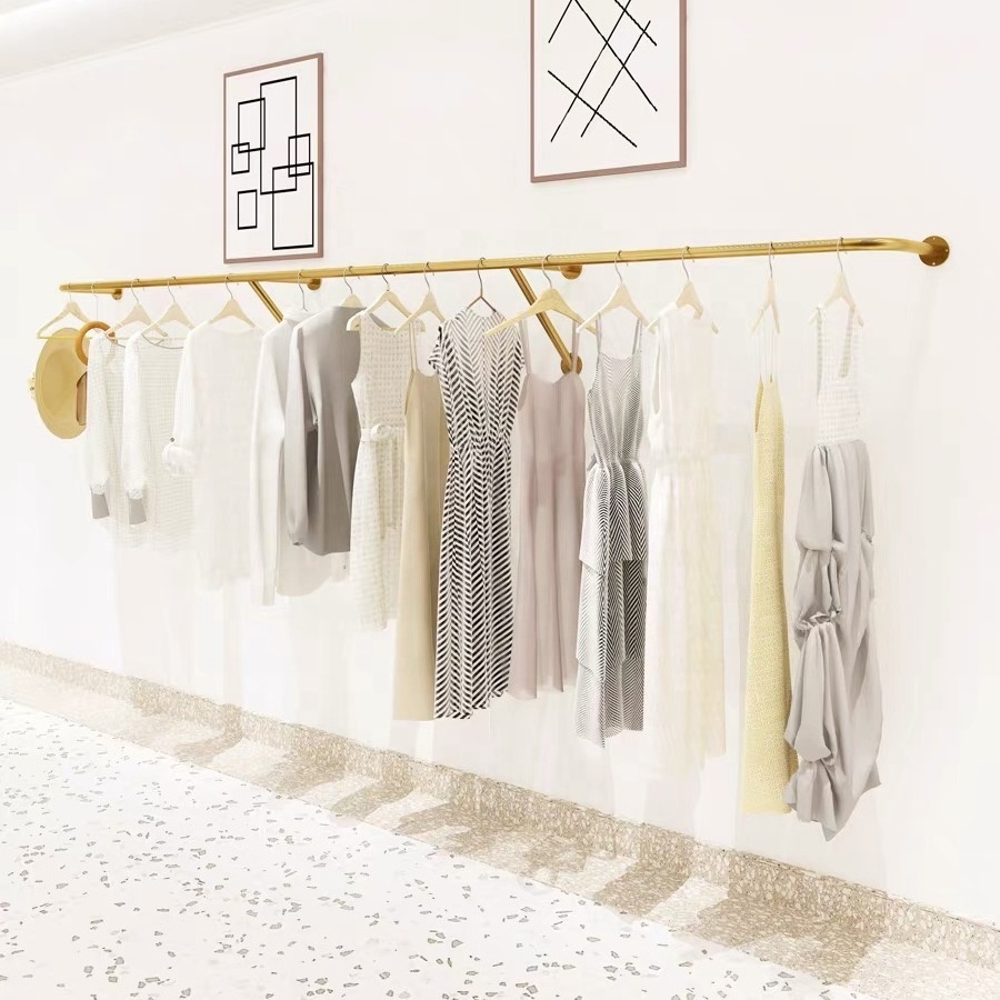 Boutique Gold Stainless Steel Wall Mounted Hanging Clothes Rack Space Save Single Bar Clothing Display Racks For Women Shop