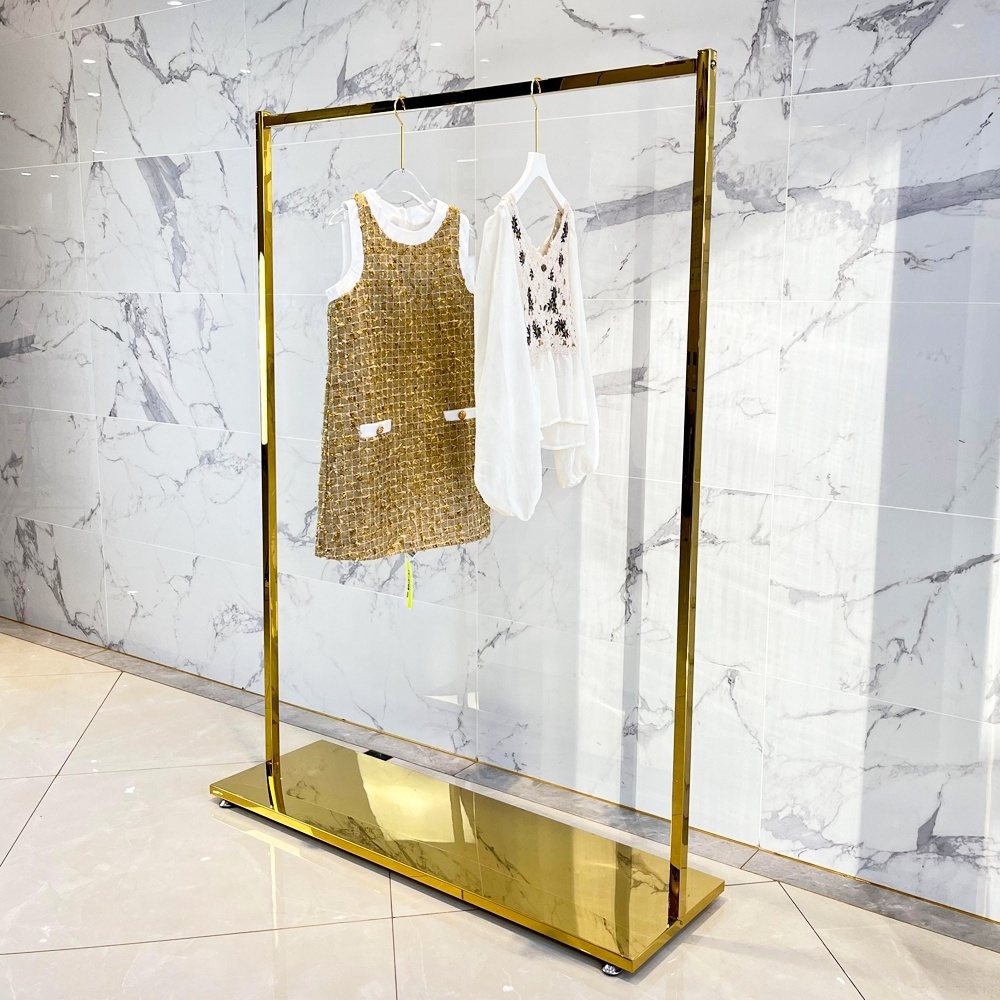 New Design Stainless steel gold Mdf Shirt Display Stand floor standing rotatable t shirt display racks for clothing shop display