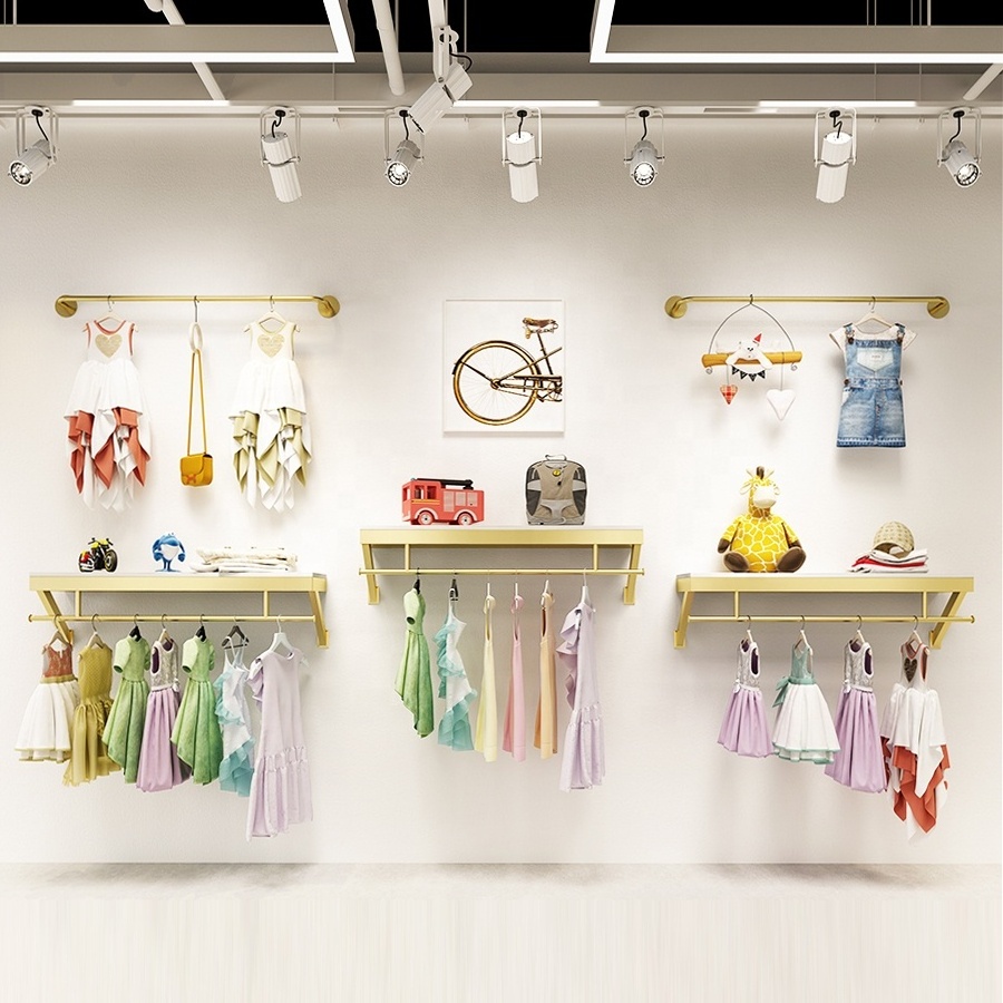 Baby Clothing Shop Furniture Wall Mounted Gold Clothing Racks Metal Clothes Hanging Rack For Garment Store Display