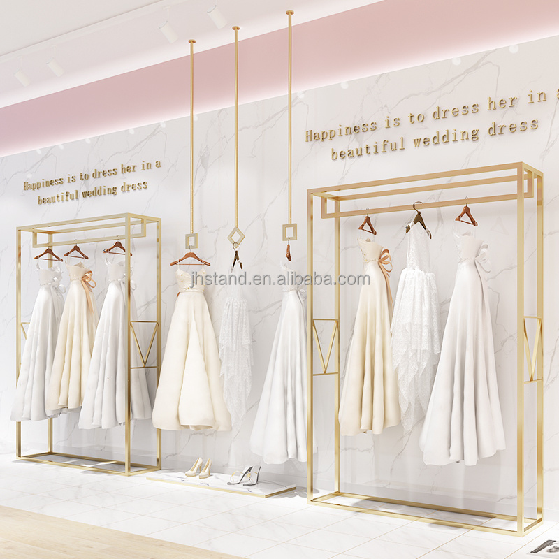 Showroom Decoration Stainless Steel Fashion Bridal Shop Gold Clothing Stand Metal Garment Long Gown Wedding Dress Display Rack