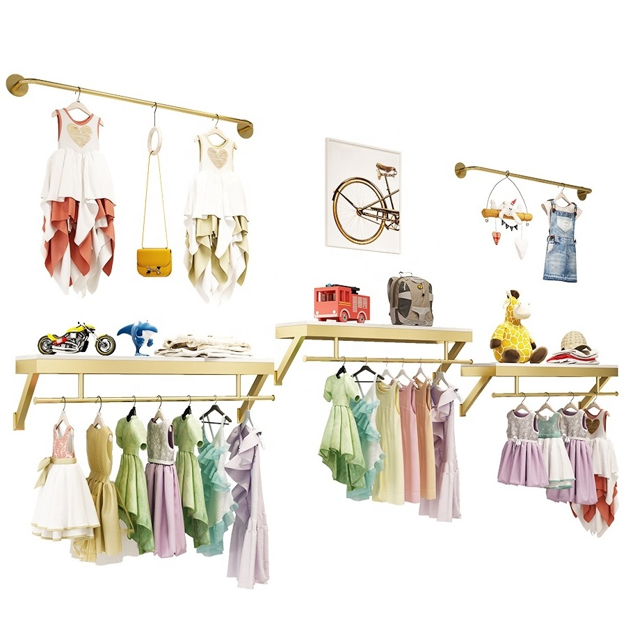 Baby Clothing Shop Furniture Wall Mounted Gold Clothing Racks Metal Clothes Hanging Rack For Garment Store Display