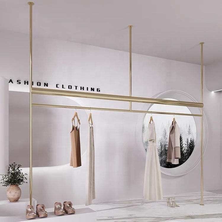 Fashion Ceiling Mounted Floor Standing Hanging Clothes Display Rack For Boutique Store Furniture Heavy Duty Clothing Rack Stand