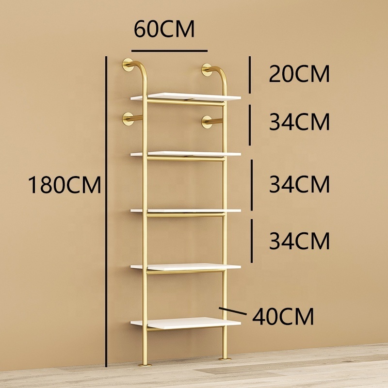 Boutique Shop Retail Stainless steel Shiny Gold Shoes Display Shelf Metal Wall Mounted Hanging Bag Display Rack Stand