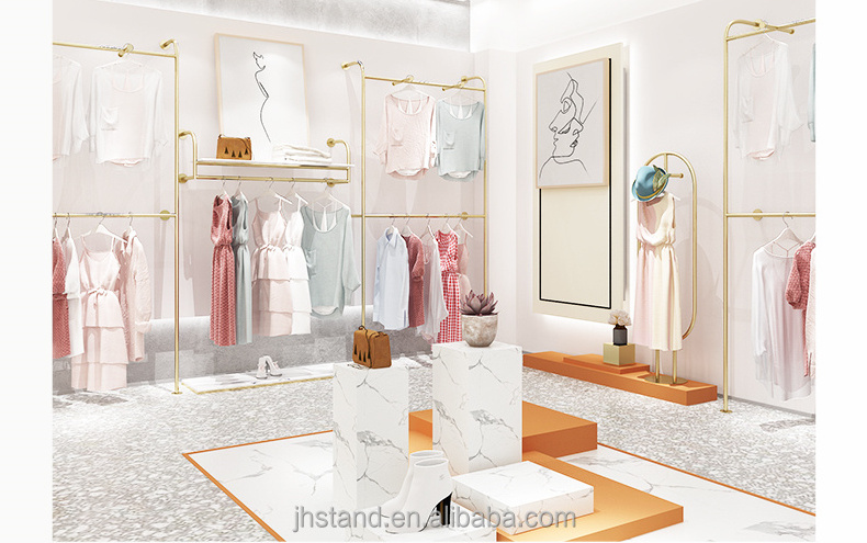 Boutique Clothes Shop Wall Mounted Garment Rack Display Clothes Gold Metal Clothing Rack With Shelves