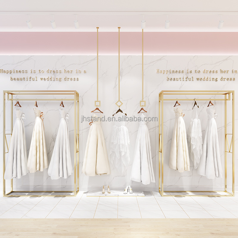 Showroom Decoration Stainless Steel Fashion Bridal Shop Gold Clothing Stand Metal Garment Long Gown Wedding Dress Display Rack