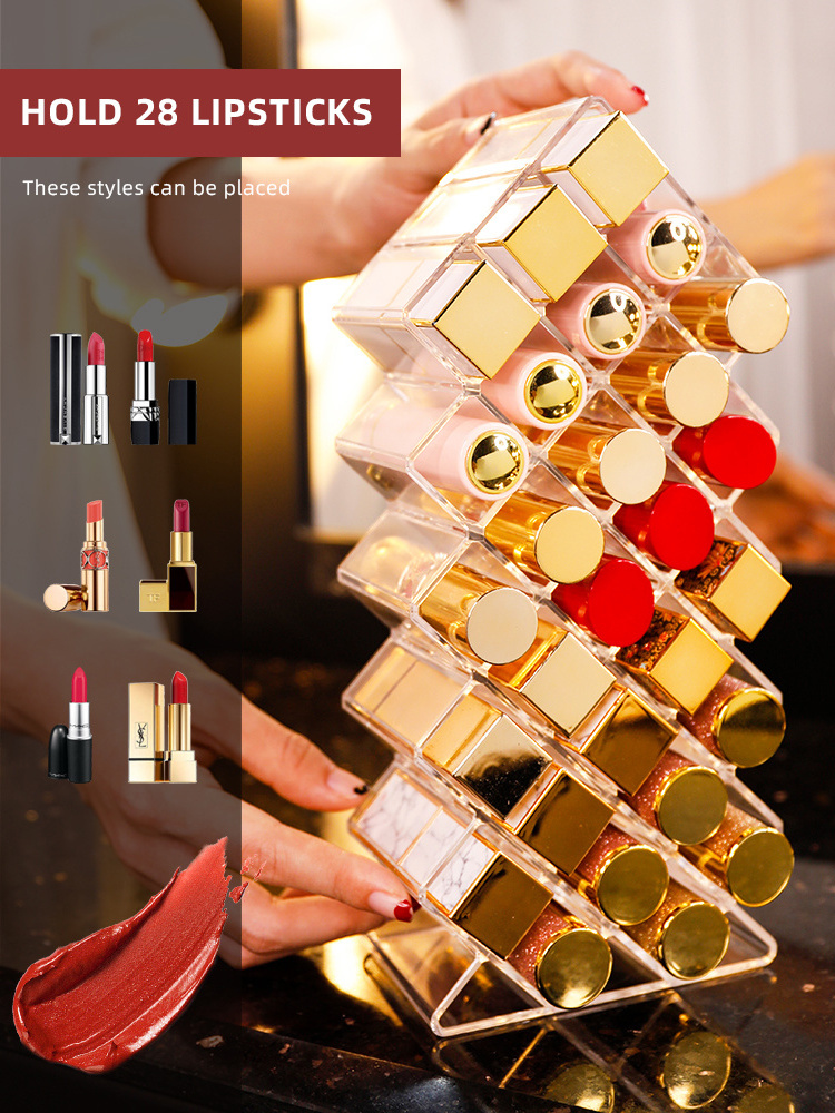 Custom Clear Transparent Plastic Retail Cosmetic Makeup Displays Stand Storage Organizer 28 Lip Gloss Lipstick Holders