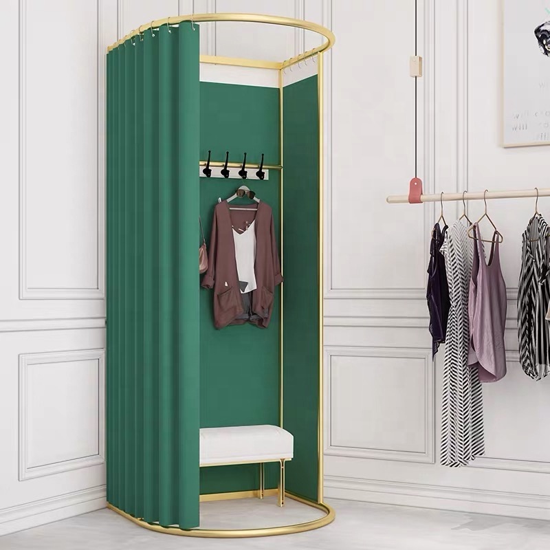 Clothing Store Boutique Metal Movable Portable Fitting Room Luxury Changing Room Movable Golden Dressing Room with Curtain