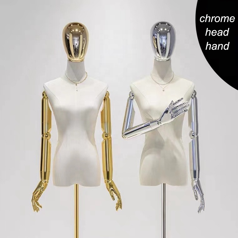 Boutique Clothing Store Fashion Glossy Gold Silver Female Half Body Mannequin Display Wedding Dress