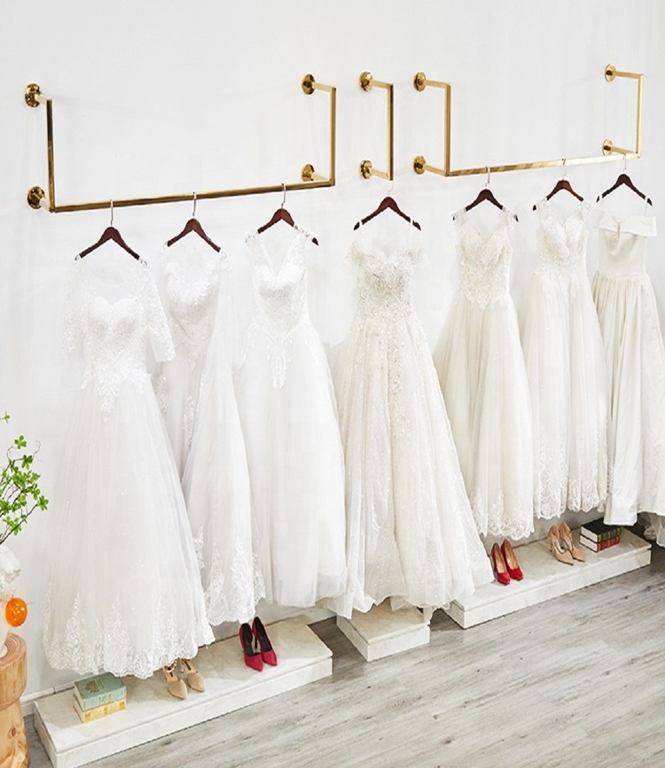 Bridal Store Rack Wall Mounted Clothing Display Wedding Dress Rack Shiny Gold Stainless Steel Long Dress Display Garment Rack