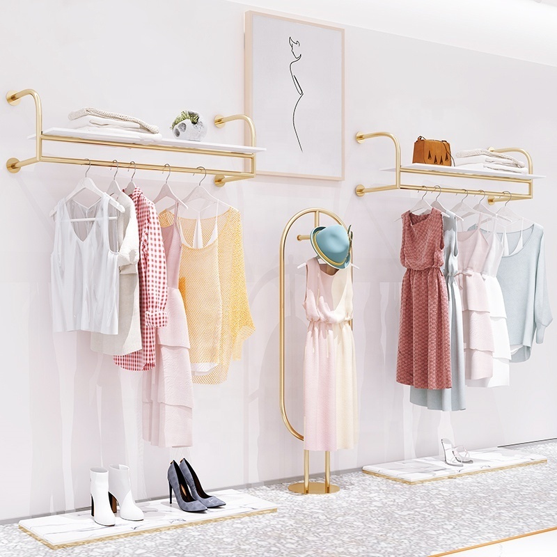 Boutique Clothes Shop Wall Mounted Garment Rack Display Clothes Gold Metal Clothing Rack With Shelves