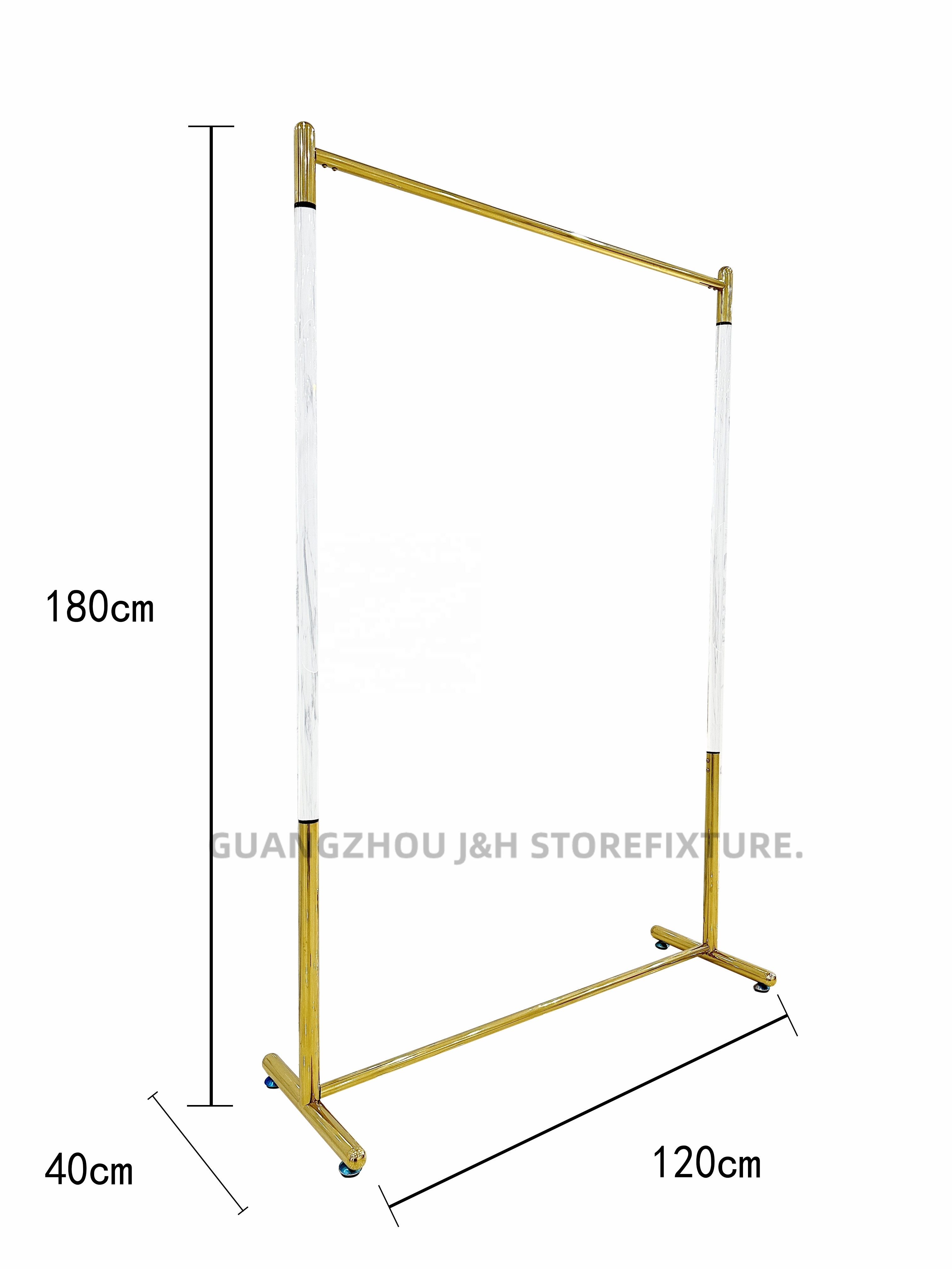 High End Golden Floor Stand Display Single Bar Clothes Hanger Stand Stainless Steel Acrylic Clothing Rack For Retail Shop