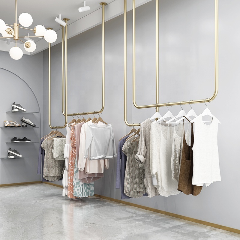 Simple Stainless steel Gold Clothing Rack Clothing Store Display Rack Ceiling Wall Hanger Wall Hanging Rail