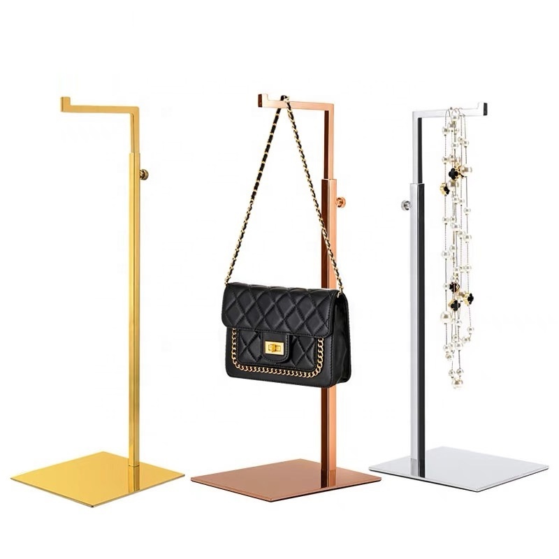 Retail Bag Store Fixture Single Side Metal Black Handbag Display Holder Golden Women Purse Display Stand Hanging Rack