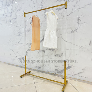 High End Golden Floor Stand Display Single Bar Clothes Hanger Stand Stainless Steel Acrylic Clothing Rack For Retail Shop