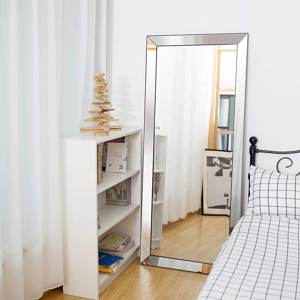 Full Length Mirror Standing Hanging Rectangle Bedroom Floor Dressing Mirror Wall-Mounted Mirror, Stainless Steel Frame