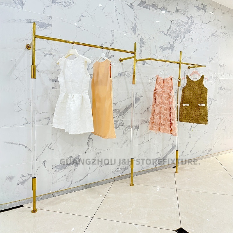 Fashion Wall Mounted Acrylic Clothes Display Rack Stainless Steel Gold Wedding Dress Clothing Rack For Boutique Shop