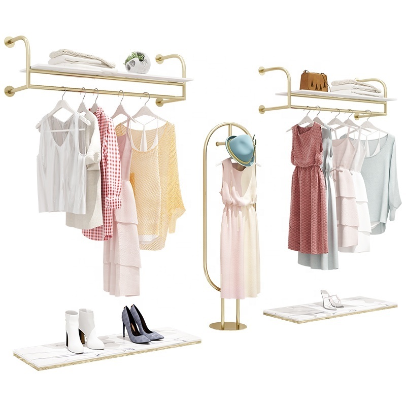 Boutique Clothes Shop Wall Mounted Garment Rack Display Clothes Gold Metal Clothing Rack With Shelves