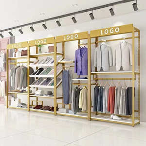 Custom LOGO Fashion Boutique Gold Stainless Steel Garment Display Stand Retail Store Free Standing Clothing Display Shelves