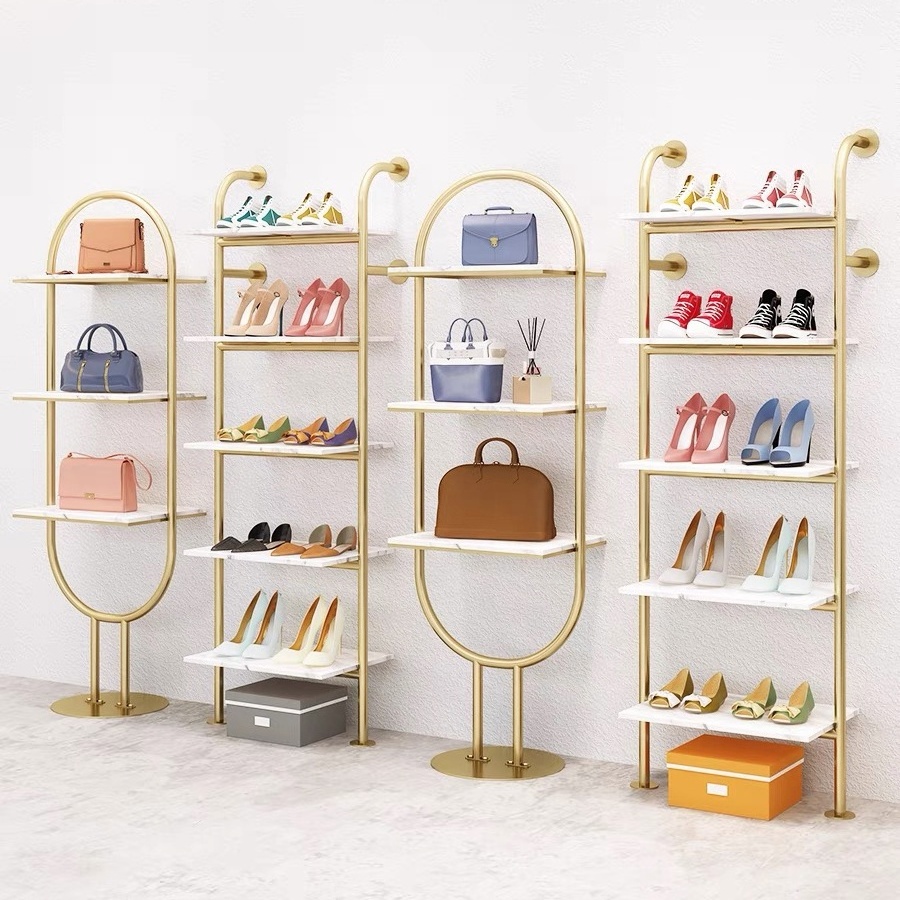 Boutique Shop Retail Stainless steel Shiny Gold Shoes Display Shelf Metal Wall Mounted Hanging Bag Display Rack Stand