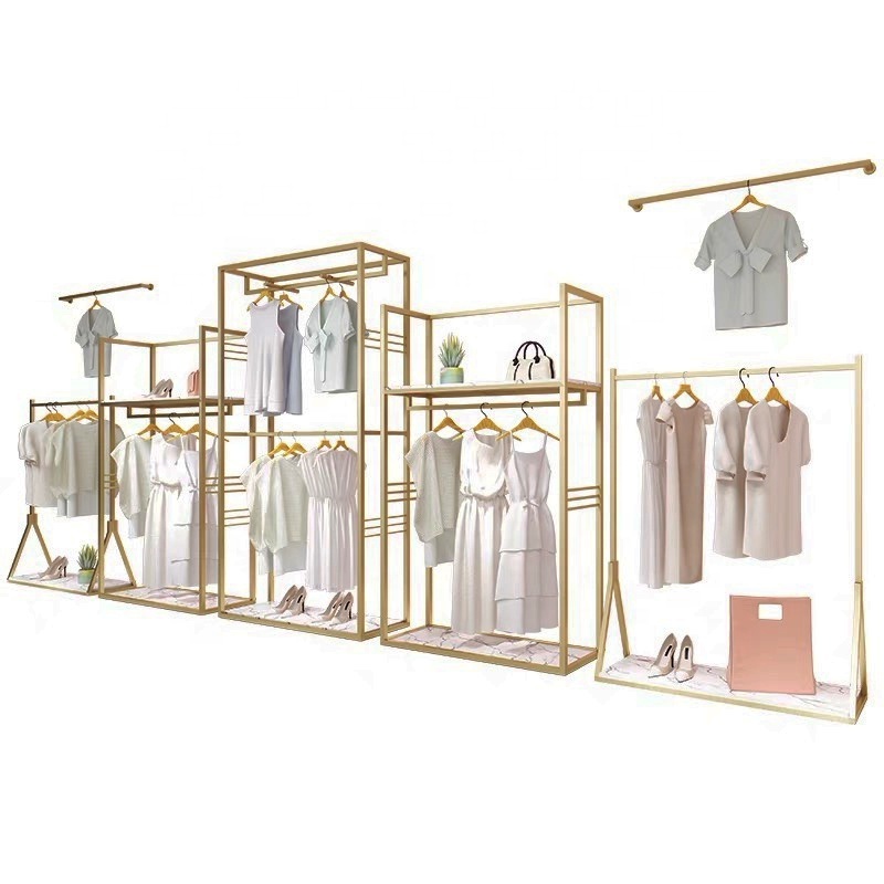 Golden Clothing Store Display Stand Men's Women's Kids Clothing Shop Garment Display Racks Stainless Steel Clothes Rack