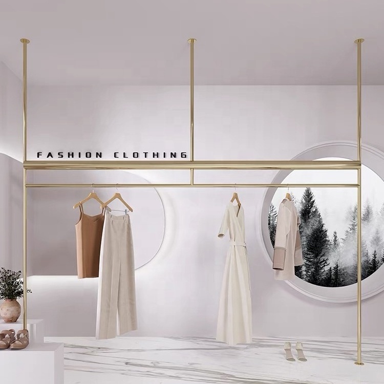 Fashion Ceiling Mounted Floor Standing Hanging Clothes Display Rack For Boutique Store Furniture Heavy Duty Clothing Rack Stand