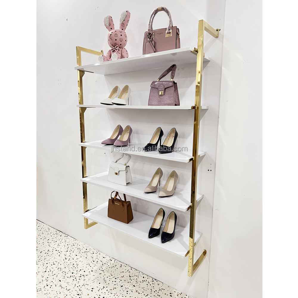 High-grade stainless steel gold metal wallmounted shoe shelf shoes display holder stand for shoes shop