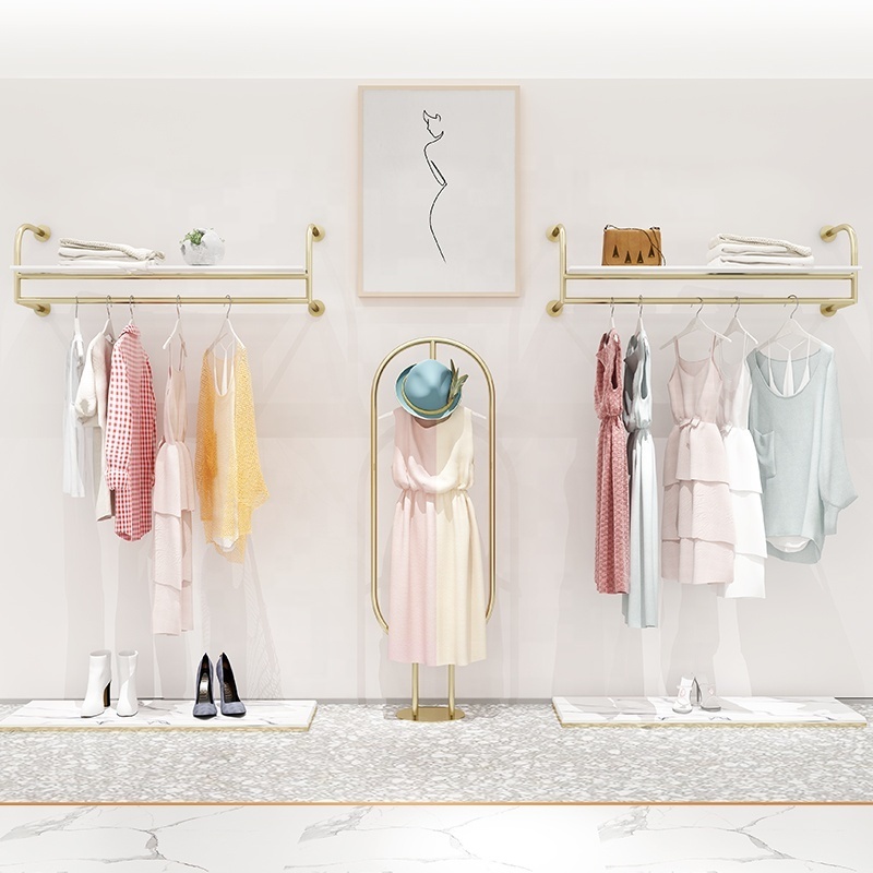 Boutique Clothes Shop Wall Mounted Garment Rack Display Clothes Gold Metal Clothing Rack With Shelves