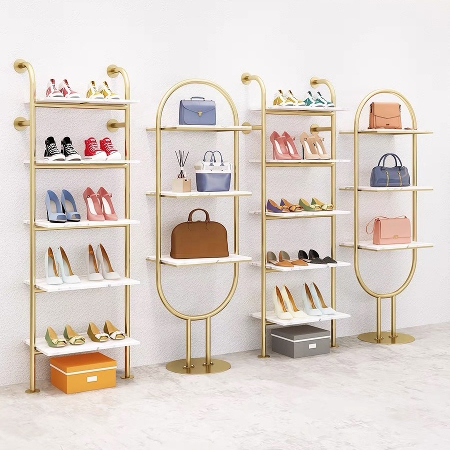 Boutique Shop Retail Stainless steel Shiny Gold Shoes Display Shelf Metal Wall Mounted Hanging Bag Display Rack Stand