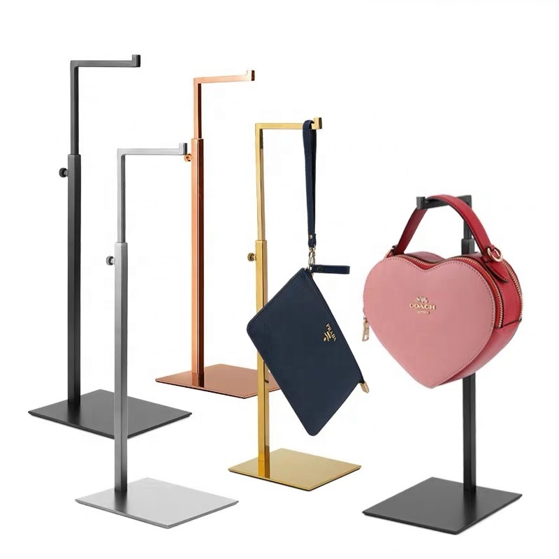 Retail Bag Store Fixture Single Side Metal Black Handbag Display Holder Golden Women Purse Display Stand Hanging Rack