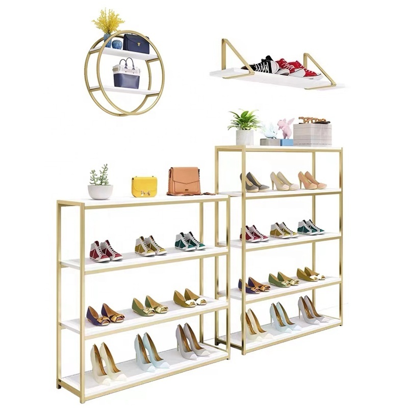 Fashion Shoe Store Wall Mounted Shoe Bag Display Rack Boutique Gold Floor Standing Shoes and Bags Stand For Showroom