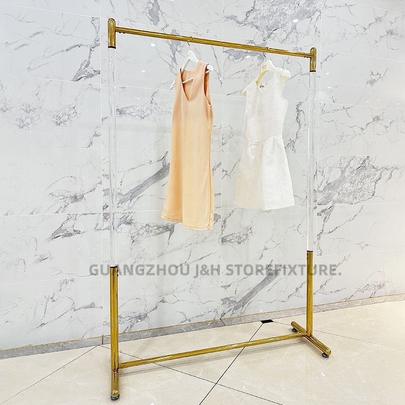 High End Golden Floor Stand Display Single Bar Clothes Hanger Stand Stainless Steel Acrylic Clothing Rack For Retail Shop