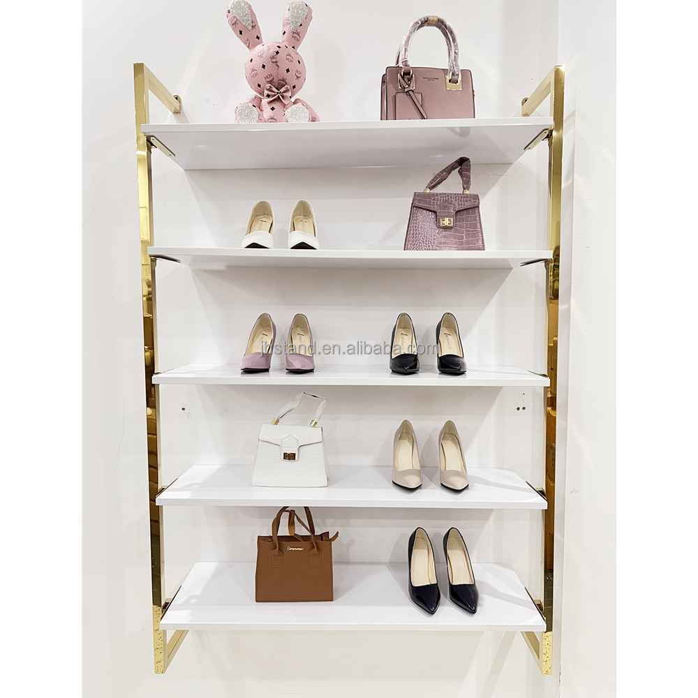 High-grade stainless steel gold metal wallmounted shoe shelf shoes display holder stand for shoes shop