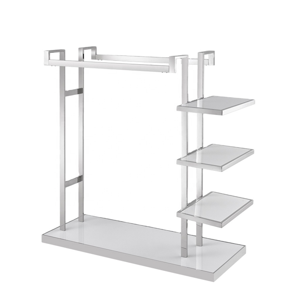 Retail Store Double Rail Glossy Silver Clothing Garment Rack 4 Layer Clothes Display Stand