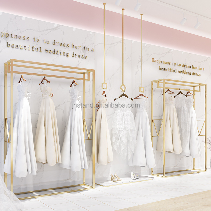 Showroom Decoration Stainless Steel Fashion Bridal Shop Gold Clothing Stand Metal Garment Long Gown Wedding Dress Display Rack