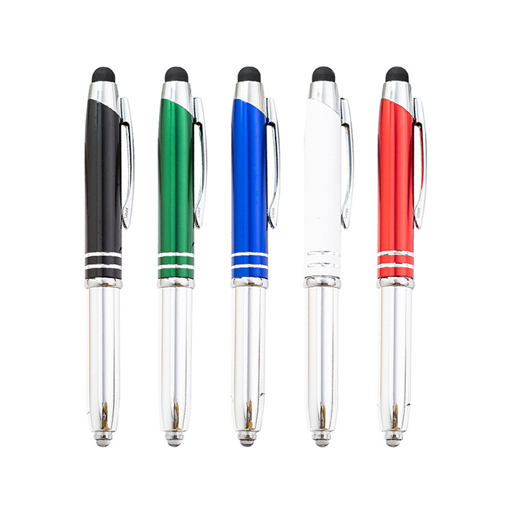 JH Wholesale Small MOQ Metal Light Pen 3 In 1 Multifunctional Led Light Stylus Pen With Engraved Logo