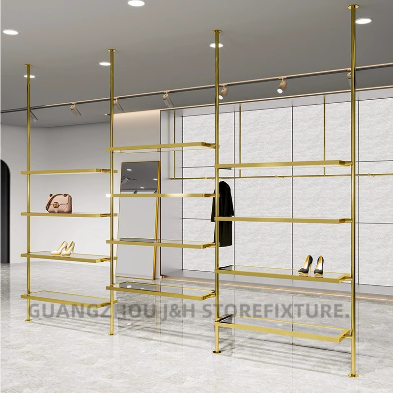 Shoes store wall mounted display rack gold custom floor to ceiling acrylic shelves stand hanging column