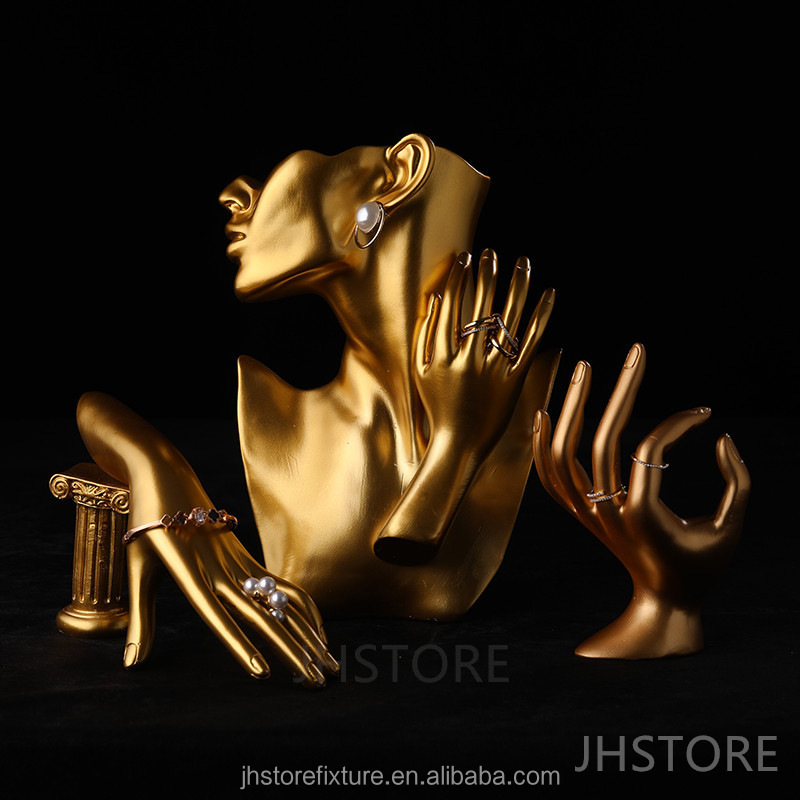 resin gold wholesale price jewelry display mannequin head with shoulders ring display stand