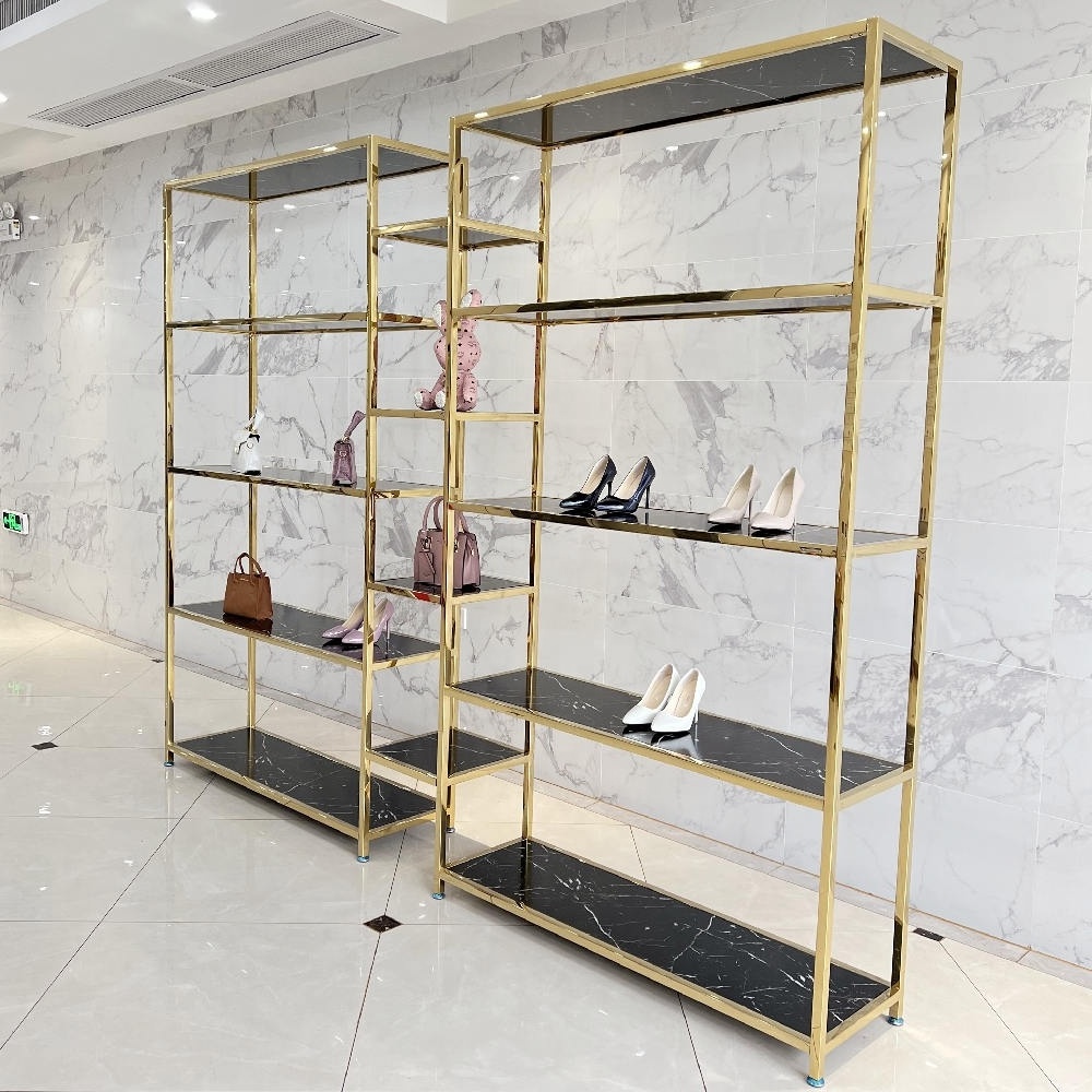 Store Decoration Sales Modern stainless steel gold Shop Shoe Display Ideas For Shoes Women Shop