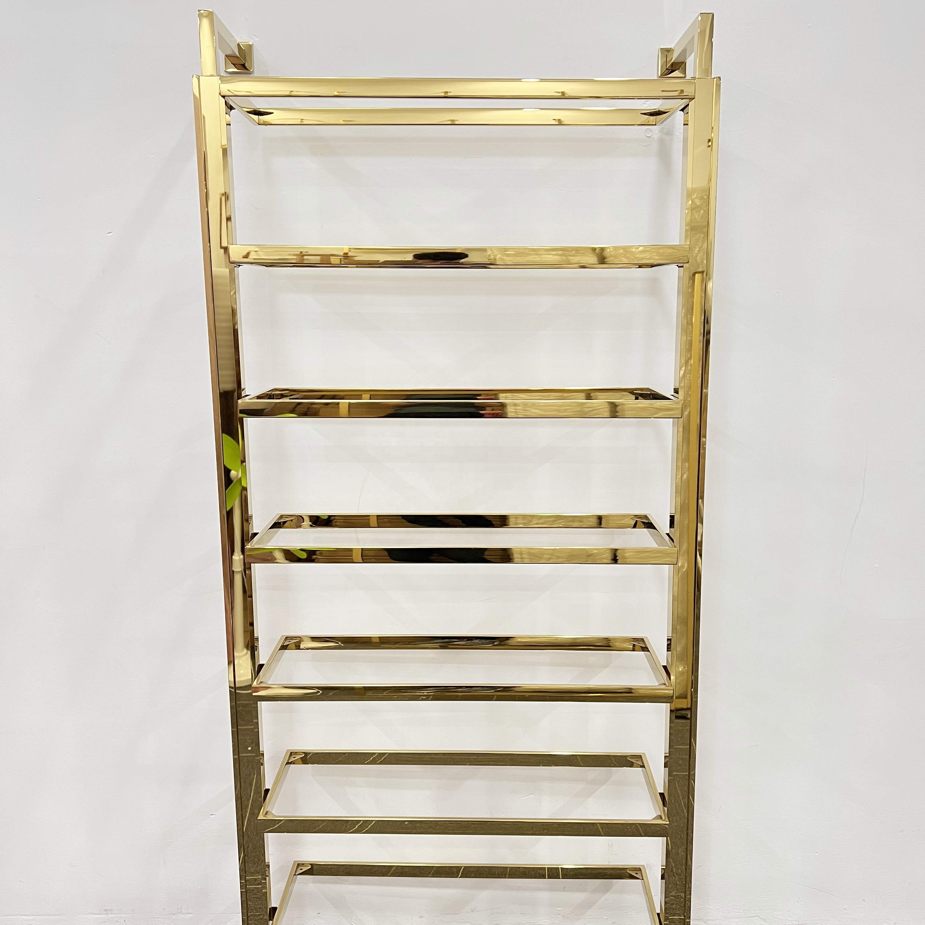 Wall mounted 7 tier Stainless steel gold clothes stands & shoe racks designs all types of shoe bag display racks