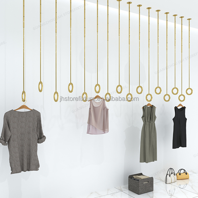 boutique gold clothing store ceiling hook for hanging wall rack Hidden Screw Cover display rack with adjustable height