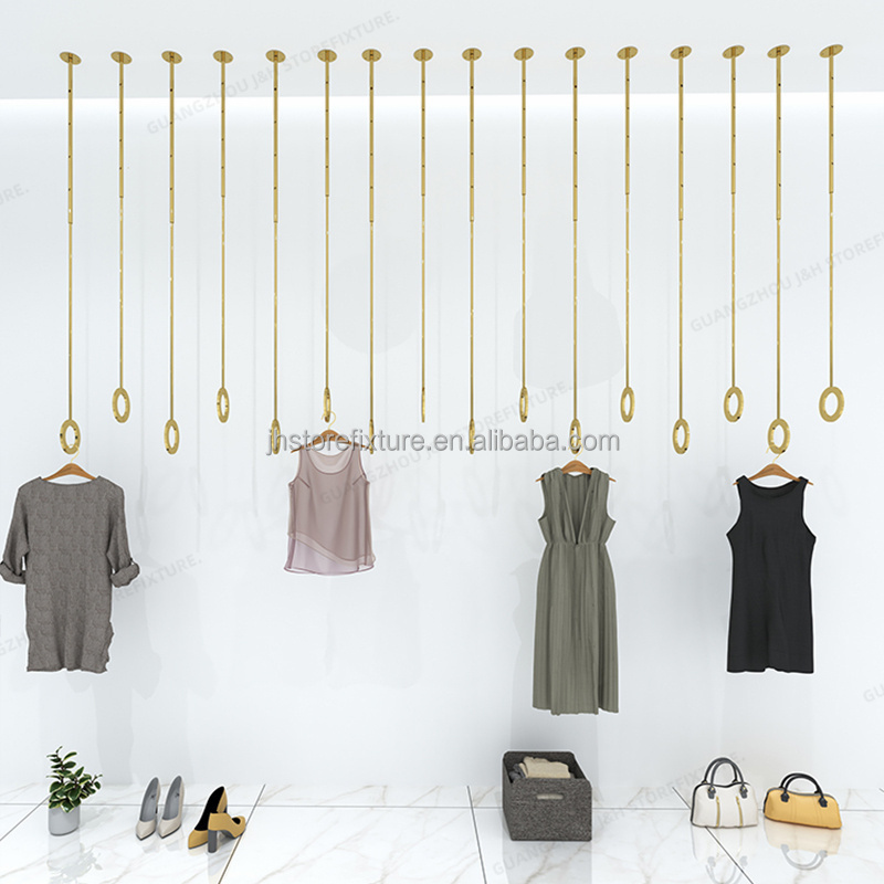 boutique gold clothing store ceiling hook for hanging wall rack Hidden Screw Cover display rack with adjustable height