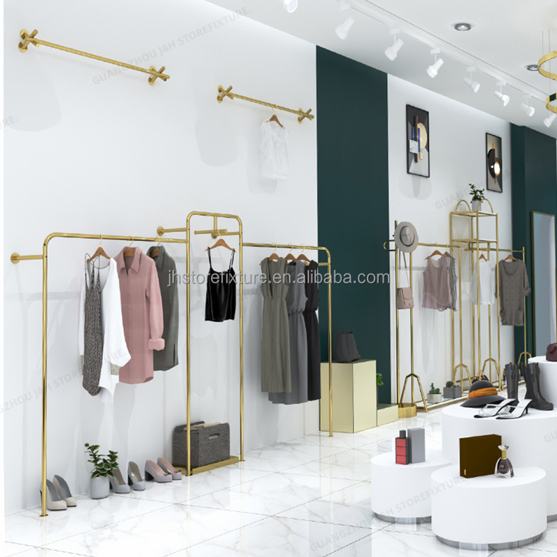 boutique gold clothing store ceiling hook for hanging wall rack Hidden Screw Cover display rack with adjustable height